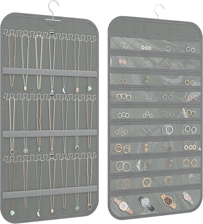 Hanging Jewelry Organizer Storage, 40 Pockets 36 Hooks Necklace Earring Necklace Bracelet Ring Organizer, Double - Sided Design, Grey