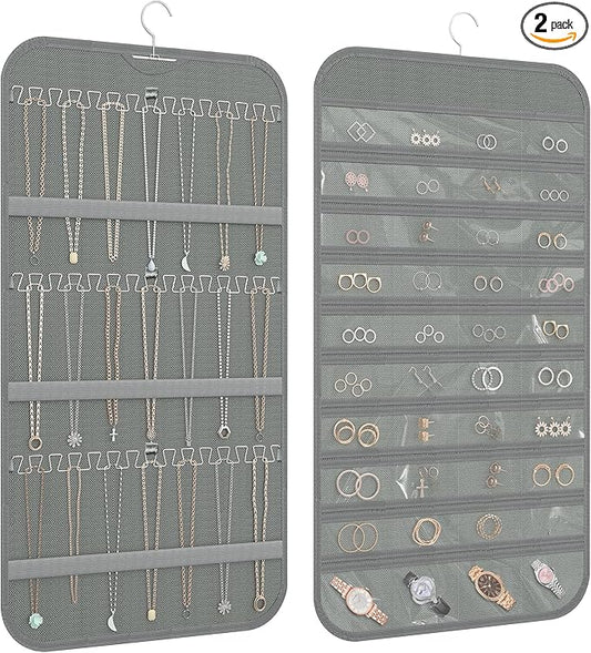 2-Pack Hanging Jewelry Organizer Storage, 40 Pockets 36 Hooks Necklace Earring Necklace Bracelet Ring Organizer, Double - Sided Design, Grey