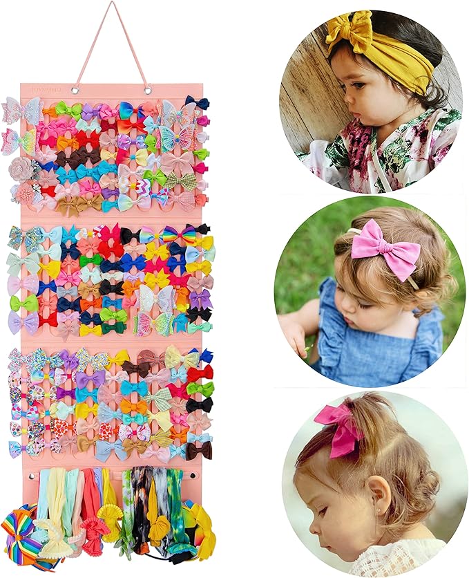Girly Pink Hair Accessory Organizer - Holder for Girls' Hair Bows, Clips, Ties & Scrunchies - Foldable Wall Mount Storage Caddy