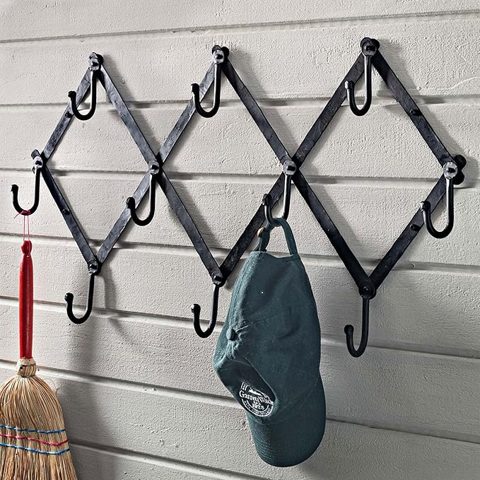 Kings County Tools Accordion Wall Hanger - Forged Iron Hat Rack with 10 Hooks for Hats, Coats, and Bags - Expandable Coat Rack - Wall Organizer for Bedroom, Entryway, or Mudroom (Black)