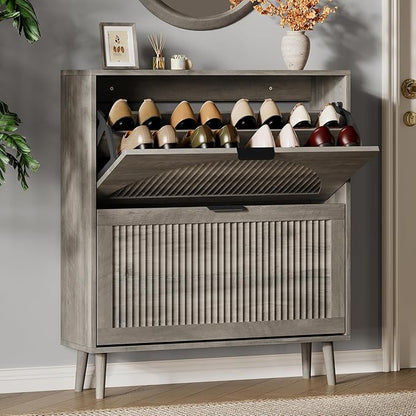 Xixini Shoe Storage Cabinet with 2 Flip Drawers, 36" Tall Narrow Wood Fluted Shoe Organizer for Entryway, Freestanding Wooden Hidden Slim Shoe Rack for Front Door Entrance, Hallway, Foyer, Light Grey