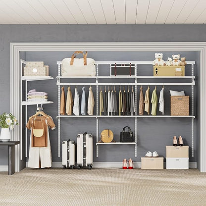 Closet System Wall Mounted 4-10.5 Ft, Heavy Duty Adjustable Wire Shelving with Hanging Rod, Custom Organizer Kit for Bedroom Laundry Mudroom, White