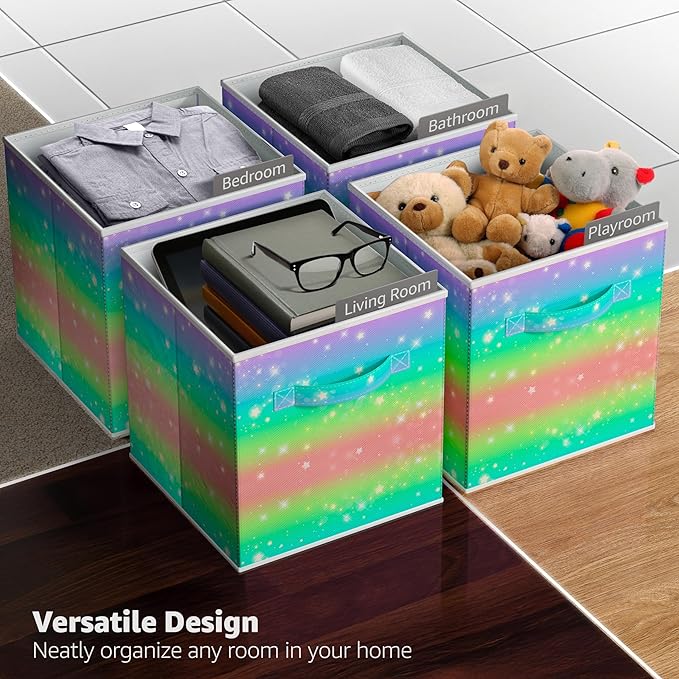 Sorbus 11 Inch Fabric Storage Cubes - Sturdy Collapsible Storage Bins & Handle - 6 Foldable Baskets for Organizing Clothes - Multi Colored Storage Baskets for Shelves (Colorful With Stars, 11 Inch)