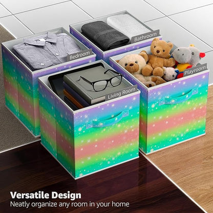 Sorbus 11 Inch Fabric Storage Cubes - Sturdy Collapsible Storage Bins & Handle - 6 Foldable Baskets for Organizing Clothes - Multi Colored Storage Baskets for Shelves (Colorful With Stars, 11 Inch)
