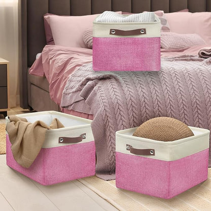 Simple Houseware 15" x 11" Large Fabric Storage Bin for Closet and Shelves, Leather Like Handles, 3 Pack, Pink