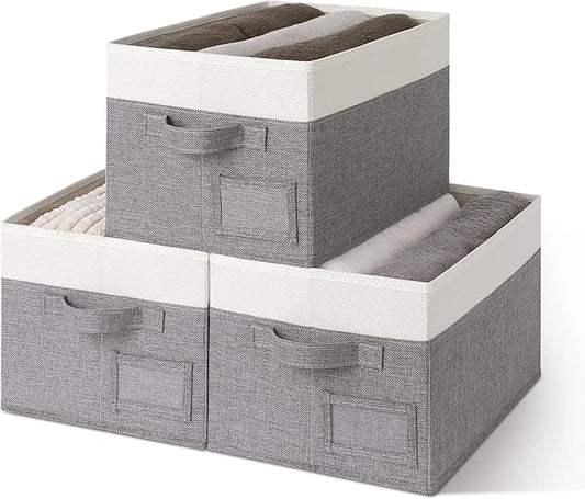 GRANNY SAYS Fabric Storage Bins, Closet Storage Bins for Clothes, Shelf Storage Baskets with Handles, Collapsible Storage Boxes, Decorative Storage Containers, Gray&White, Medium, 3-Pack