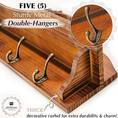 Coat Hanger Wall Mount with Shelf - Gorgeous 24" Farmhouse Coat Rack Wall Mount with Shelf with Hooks for Entryway - Wall Mounted Coat Rack for Wall Hanging Coats, Jackets, Purses, Keys (Brown)