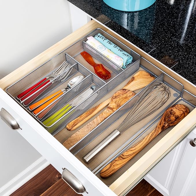 Honey-Can-Do Expandable Steel Mesh Drawer Organizer, 7 Compartments, Silver, Adjustable 11.5 to 20 Inches Wide
