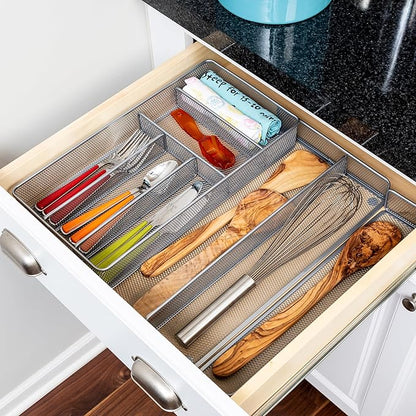 Honey-Can-Do Expandable Steel Mesh Drawer Organizer, 7 Compartments, Silver, Adjustable 11.5 to 20 Inches Wide