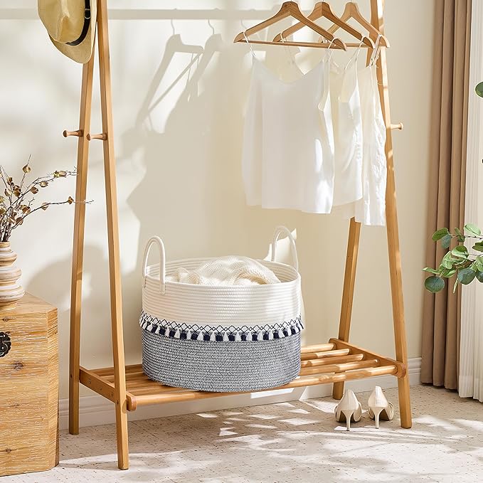 KAKAMAY Cotton Rope Storage Basket (20"x13"),Woven Hamper for Blankets,Toys,Pillows,Clothes,Laundry,Sturdy Handles Decorative Basket for Living Room, Bedroom,Nursery(Blue Printing)