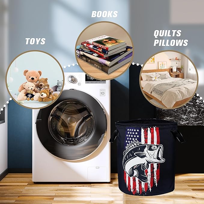 American Flag Bass Fish Laundry Basket Bass Fishing Foldable Oxford Cloth Funny Tote Bag Laundry Hamper Clothes Storage Bucket Organizer For Bathroom/Laundry Storage/Bedroom 17.7x13.7