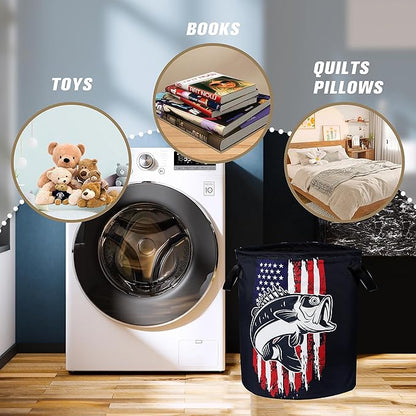American Flag Bass Fish Laundry Basket Bass Fishing Foldable Oxford Cloth Funny Tote Bag Laundry Hamper Clothes Storage Bucket Organizer For Bathroom/Laundry Storage/Bedroom 17.7x13.7