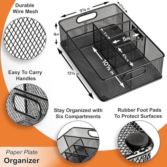 Gennua Kitchen Paper Plate Organizer for Cabinet, Counter, Picnics, Parties & More, Extra Large Utensil Caddy Crafted of Thick Iron Mesh With 6 Compartments for Paper Plates & Plastic Silverware