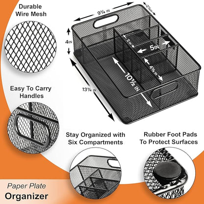 Gennua Kitchen Paper Plate Organizer for Cabinet, Counter, Picnics, Parties & More, Extra Large Utensil Caddy Crafted of Thick Iron Mesh With 6 Compartments for Paper Plates & Plastic Silverware