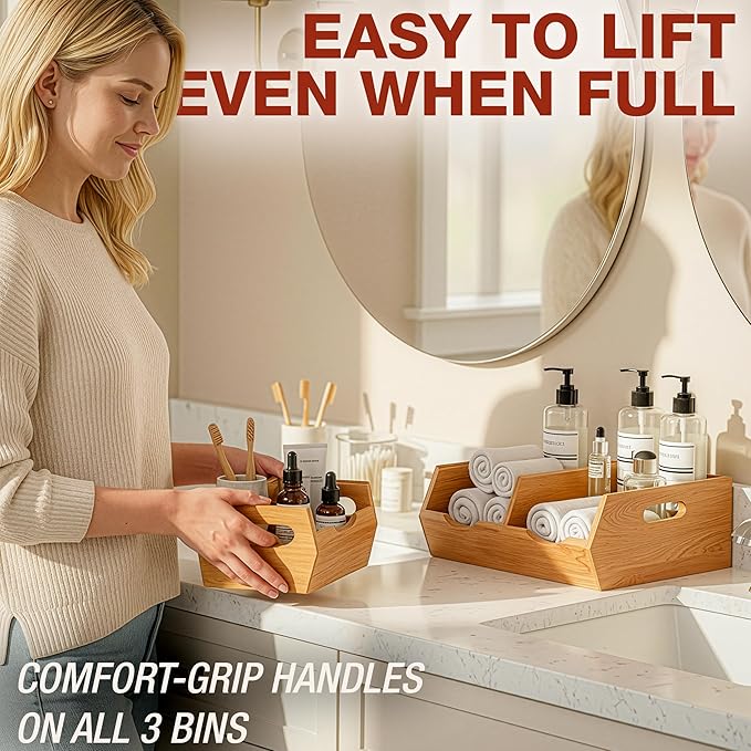 HOMESTEAD Stackable Solid Wood Storage Bins for Pantry & Countertop, Ventilated Potato and Onion Basket Organizer with Handles, Wooden Produce Storage Containers, 3 Pack, Natural Wood