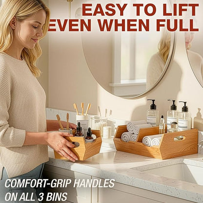 HOMESTEAD Stackable Solid Wood Storage Bins for Pantry & Countertop, Ventilated Potato and Onion Basket Organizer with Handles, Wooden Produce Storage Containers, 3 Pack, Natural Wood