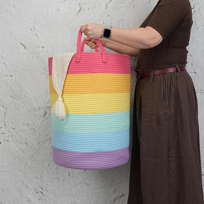 Woven Cotton Rope Laundry basket-16”X22” Laundry Hamper-Rope Storage Basket for Dirty Clothes, Toys and Blankets Perfect for Bathroom, Baby nursery and Living Room Storage (rainbow, Large)