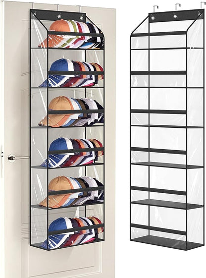 AOODA Clear Over The Door Hat Racks for Baseball Caps, Large Holds up to 72 Caps Hat Storage Organizer for Closet Wall, Deep Pockets Hanging Hat Holder with 3 Hooks, Black