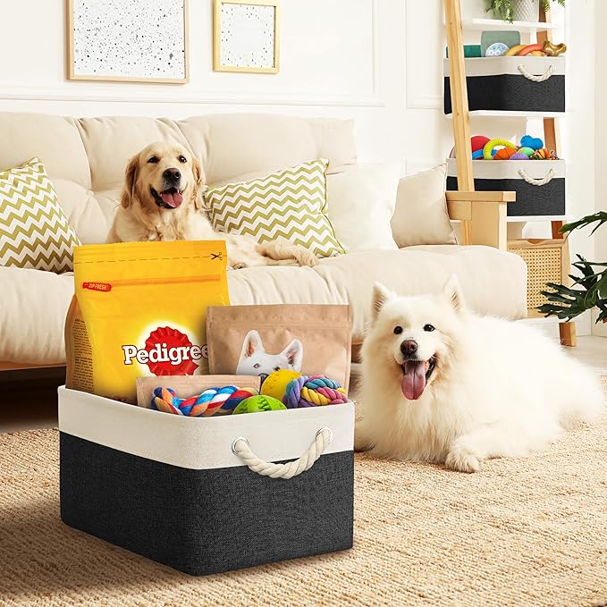 Simple Houseware 15.7" x 12" Wide & Low Fabric Storage Bin for Shallow Gaps and Closet, Braided Handles, 3 Pack, Black