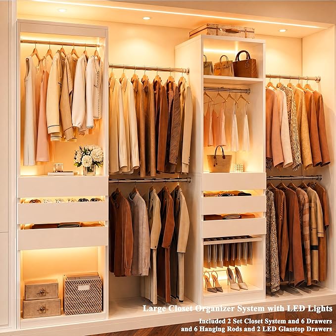 120'' Closet System Set with 6 Hanging Rods & LED Lights, 5.7-10.4FT Closet Organizer System with 6 Wood Drawers & 2 LED Glasstop, Walk-in Closet Organizer Wardrobe Clothes Rack, Garment Rack, White