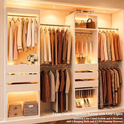 120'' Closet System Set with 6 Hanging Rods & LED Lights, 5.7-10.4FT Closet Organizer System with 6 Wood Drawers & 2 LED Glasstop, Walk-in Closet Organizer Wardrobe Clothes Rack, Garment Rack, White