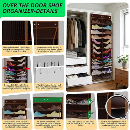 Kotkn 24-Pair Over Door Shoe Organizer for Family & Kids, Double Sided | Hanging Storage for Sneakers, Boots, Toys & Room Organization-Pearl Whitet-Walnut Brown