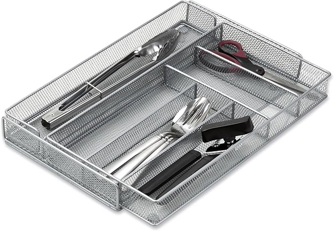 Honey-Can-Do Expandable Steel Mesh Drawer Organizer, 7 Compartments, Silver, Adjustable 11.5 to 20 Inches Wide