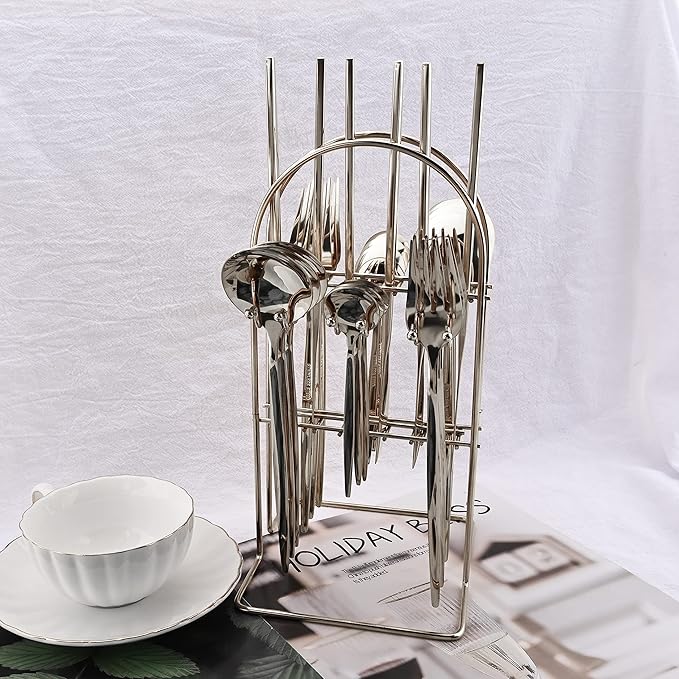 24 Piece Cutlery Set for 6 with Holder, Mirror Polished Silver Stainless Steel Flatware Set with Rack, Kitchen Restaurant Hotel Utensils, Silverware Sets with Holder, Hanging Flatware set