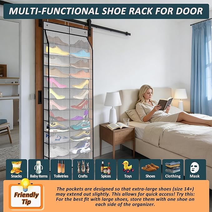Kotkn 24-Pair Over Door Shoe Organizer for Family & Kids, Double Sided | Hanging Storage for Sneakers, Boots, Toys & Room Organization-Graphite Gray