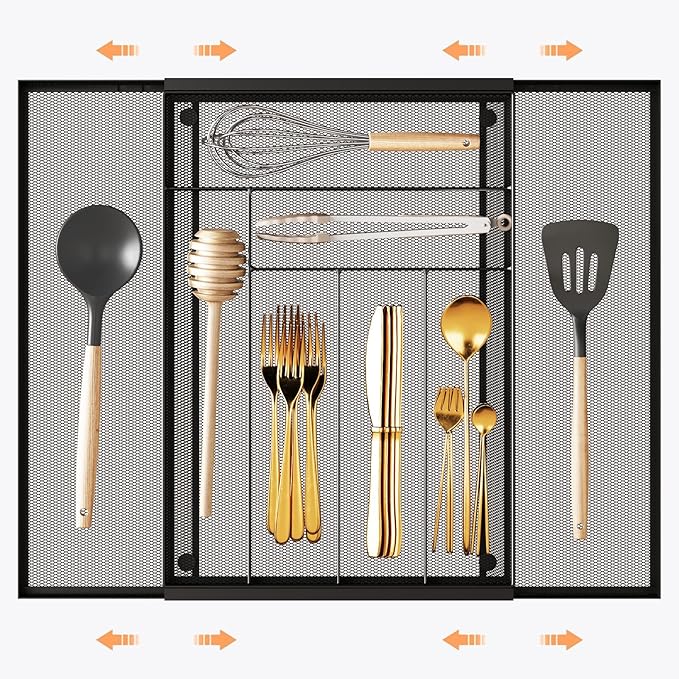 Sedegn Silverware Organizer Metal Mesh, Large Drawer Organizer, Utensil Cutlery Tray for kitchen drawers, Expandable Flatware Organizer with 8 Compartment Black 11.6"~20" x 17.3"