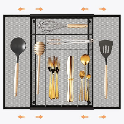 Sedegn Silverware Organizer Metal Mesh, Large Drawer Organizer, Utensil Cutlery Tray for kitchen drawers, Expandable Flatware Organizer with 8 Compartment Black 11.6"~20" x 17.3"