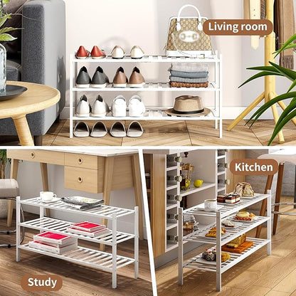 Bamboo Shoe Rack Stackable Shoe Shelf Storage Organizer for Unit Entryway Hallway and Closet Sturdy Freestanding Long Shoe Shelf(3L Tier White)