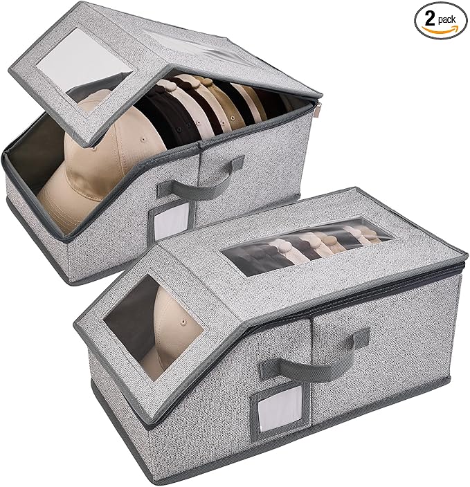 2 Pack Hat Storage for Baseball Caps, Hat Box with Clear View Window, Hat Organizer for Baseball Caps Holds 30 Caps with Cardboard for Men & Women, Ball Cap Organizer for Closet & Shelf (Light Gray)
