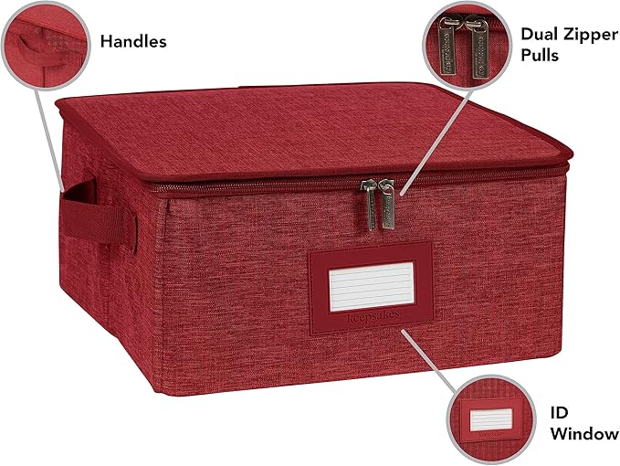 Covermates Platter Storage Box – Serveware & China Storage Container with Dual Zippers, ID Window, Reinforced Handles & Structured Walls for Platter, Dish & Serving Tray Protection, Red Heather