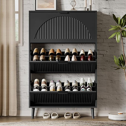Xixini Shoe Storage Cabinet with 3 Flip Drawers, 50" Tall Narrow Wood Fluted Shoe Organizer for Entryway, Freestanding Wooden Hidden Slim Shoe Rack for Front Door Entrance, Hallway, Foyer, Solid Black