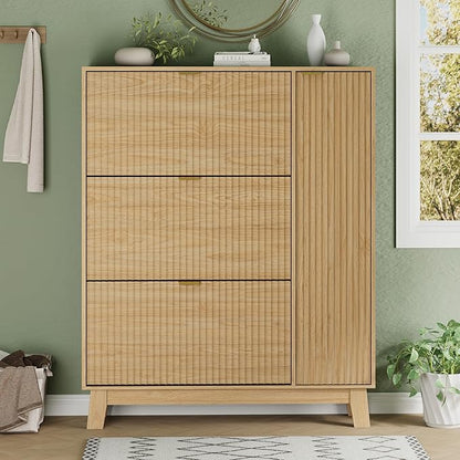 Xixini Shoe Cabinet with 3 Flip Drawers, 54" Tall Narrow Fluted Shoe Storage Organizer for Entryway, Hidden Wooden Shoe Rack with Adjustable Side Cabinet for Front Door Entrance, Hallway, Natural Oak