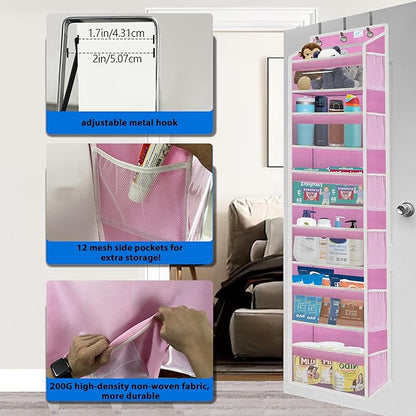 Over the Door Organizer Storage 6 Tier, 12 Large Capacity Side Pockets, Heavy Duty Metal Reinforced Hook Anti Tilt 75 LB Load Behind Door Storage for Bedroom Bathroom Pantry Nursery