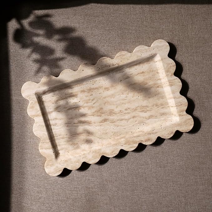 Natural 100% Marble Vanity Tray Luxury Scalloped Marble Storage Rectangle Italian Travertine Tray for Home Decor Stone Tray for Bathroom/Kitchen/Candle Key (Rectangle-11.8 * 7.4-Beige Travertine)