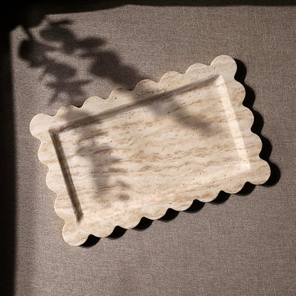 Natural 100% Marble Vanity Tray Luxury Scalloped Marble Storage Rectangle Italian Travertine Tray for Home Decor Stone Tray for Bathroom/Kitchen/Candle Key (Rectangle-11.8 * 7.4-Beige Travertine)