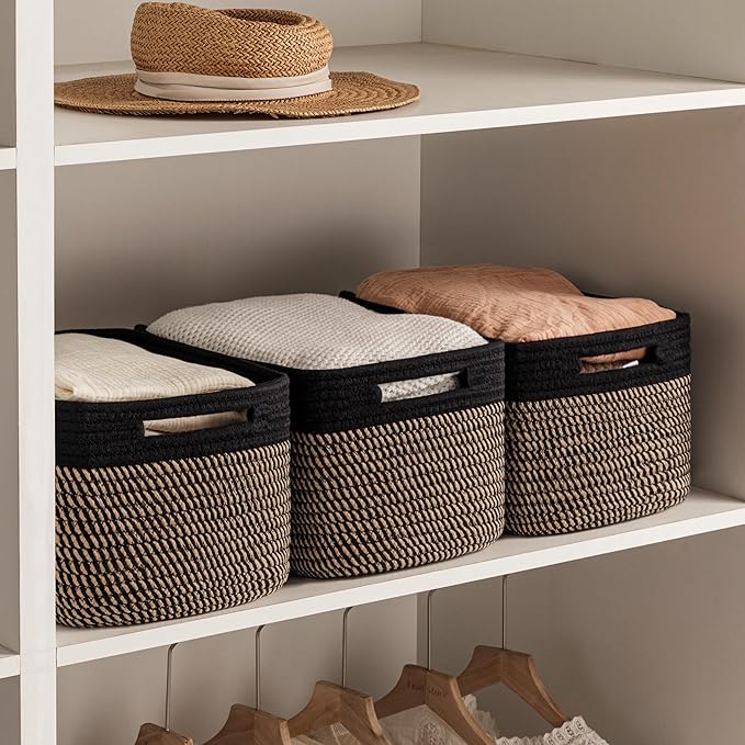 UBBCARE 4 Pack Storage Baskets for Shelves, Baskets for Organizing, Cube Shelf Storage Bin with Handles, Woven Storage Basket, 13"L x 9"W x 7.5"H, Black&Brown