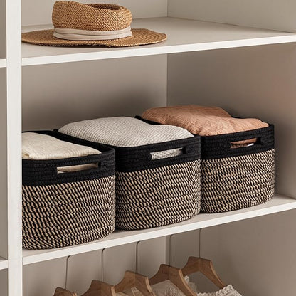 UBBCARE 4 Pack Storage Baskets for Organizing, Shelf Baskets with Handles, Woven Storage Baskets for Bookcase/Cube Shelf/Closet, 14.5"L x 9.8"W x 9"H, Black&Brown