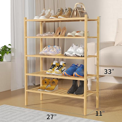 ROMGUAR CRAFT 5 Tier Bamboo Shoe Rack for Closet Free Standing Wood Shoe Shelf for Entryway Small Space Stackable 27"x11"x33" (Natural)