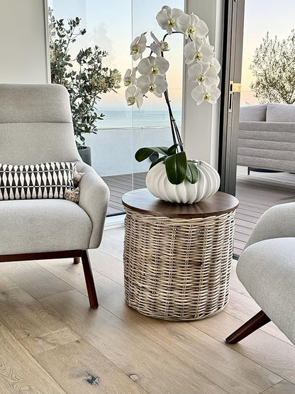 Kouboo Round Rattan Storage Basket with Wood Lid Side or End Table with Hidden Storage for Blankets Pillows & More