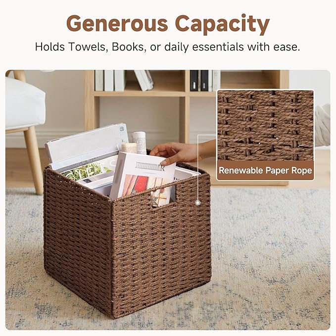StorageWorks 13 inch Wicker Storage Baskets, Handwoven Wicker Basket for Organizing, Foldable Paper Rope Square Storage Cubes, Brown, 2 Pack
