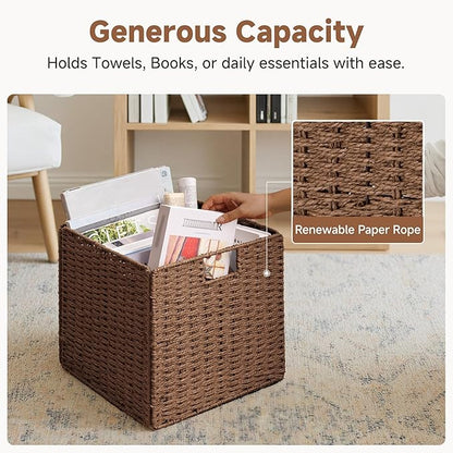 StorageWorks 13 inch Wicker Storage Baskets, Handwoven Wicker Basket for Organizing, Foldable Paper Rope Square Storage Cubes, Brown, 2 Pack