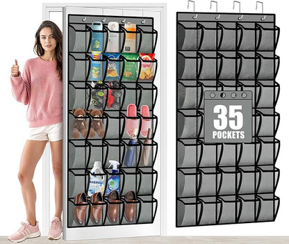 Aheroi Over the Door Shoe Organizer, 35 Pockets Mesh Shoe Organizer Door Hanger, Large Hanging Shoe Rack Holds Up to 40 lbs, Closet Shoe Behind Door Rack, Gray Durable Storage Hanging Bag