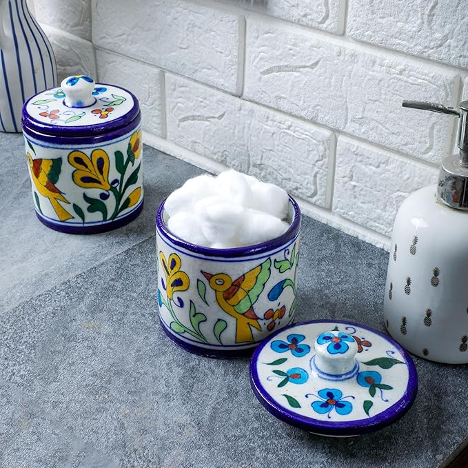 Decorative Bathroom Ceramic Jar with Lid - Dispenser Apothecary Vanity Canister for Cotton Balls, Rounds, Pads, Swabs, Makeup Sponges, Hair Accessories, Q-Tips - Storage Container 4.7x3.5 Inch
