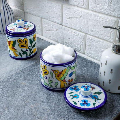 Decorative Bathroom Ceramic Jar with Lid - Dispenser Apothecary Vanity Canister for Cotton Balls, Rounds, Pads, Swabs, Makeup Sponges, Hair Accessories, Q-Tips - Storage Container 4.7x3.5 Inch