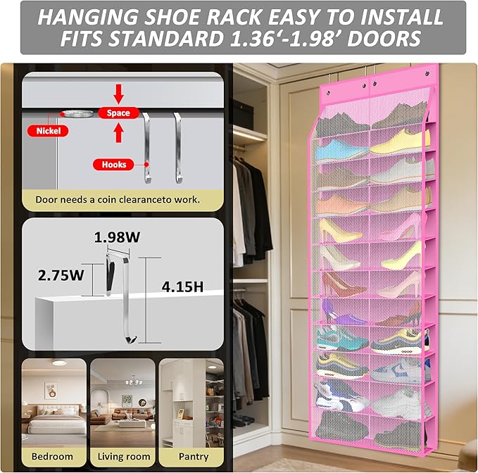 Kotkn 24-Pair Over Door Shoe Organizer for Family & Kids, Double Sided | Hanging Storage for Sneakers, Boots, Toys & Room OrganizationRose Quartz