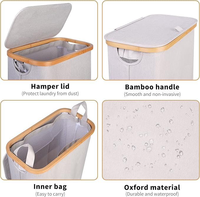 65L Slim Laundry Hamper, Narrow Laundry Basket with Lid,Foldable Clothes Hamper with Bamboo Handles,Hamper Basket with Removable Inner Bag for Laundry Room Bedroom College Dorm,17.17 Gals（Light Grey）